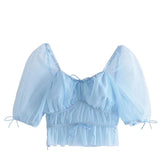 Summer 2022 Women Solid Vintage Puff Sleeve Transparent Mesh Tops V Neck Short Sleeve Shirt Female Crop All-match Slim Blouse